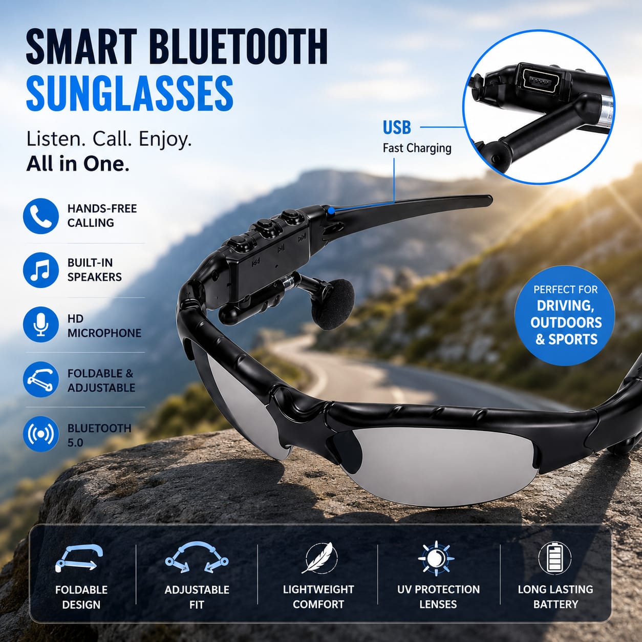 Lunettes de soleil tendance avec écouteurs intelligents