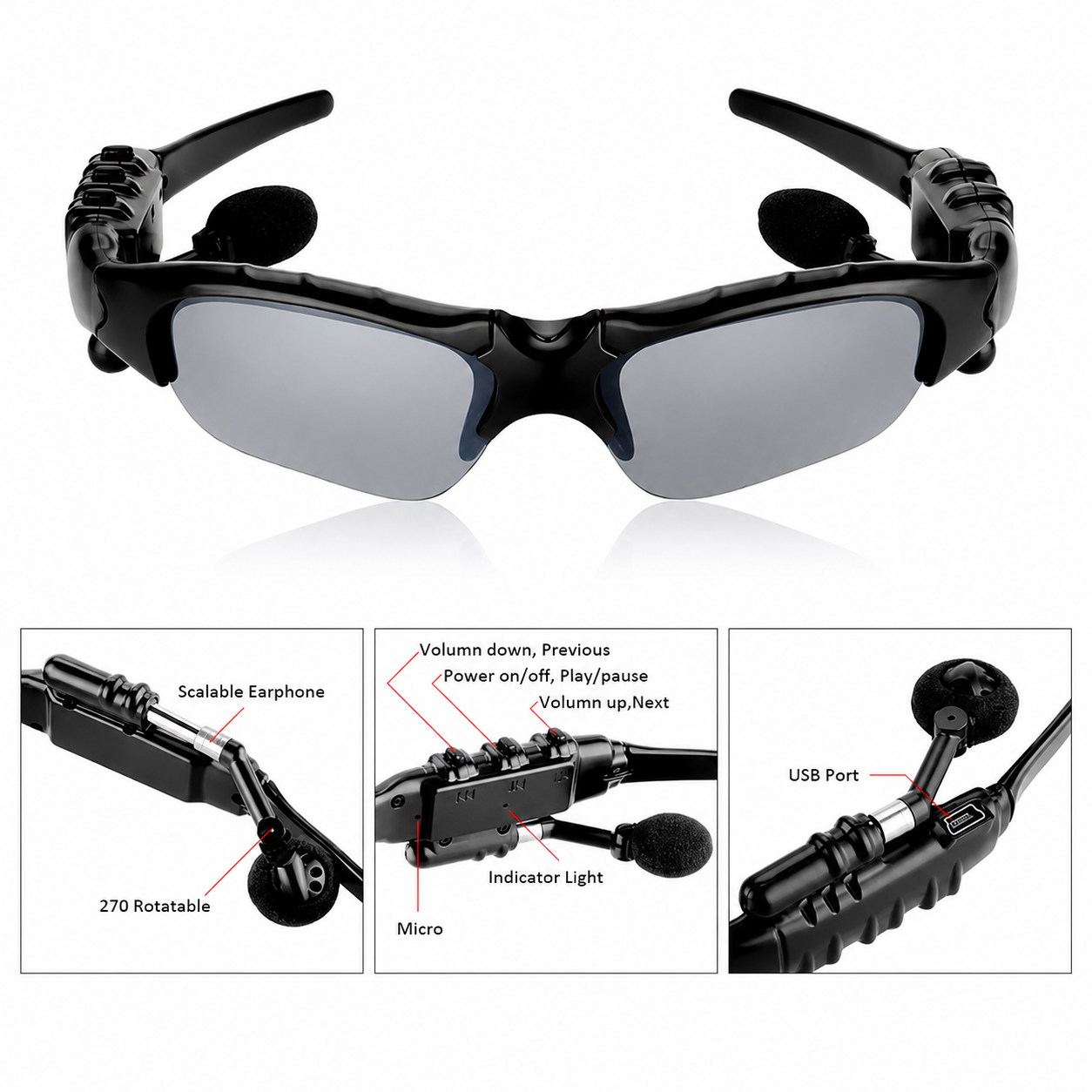 Lunettes de soleil tendance avec écouteurs intelligents